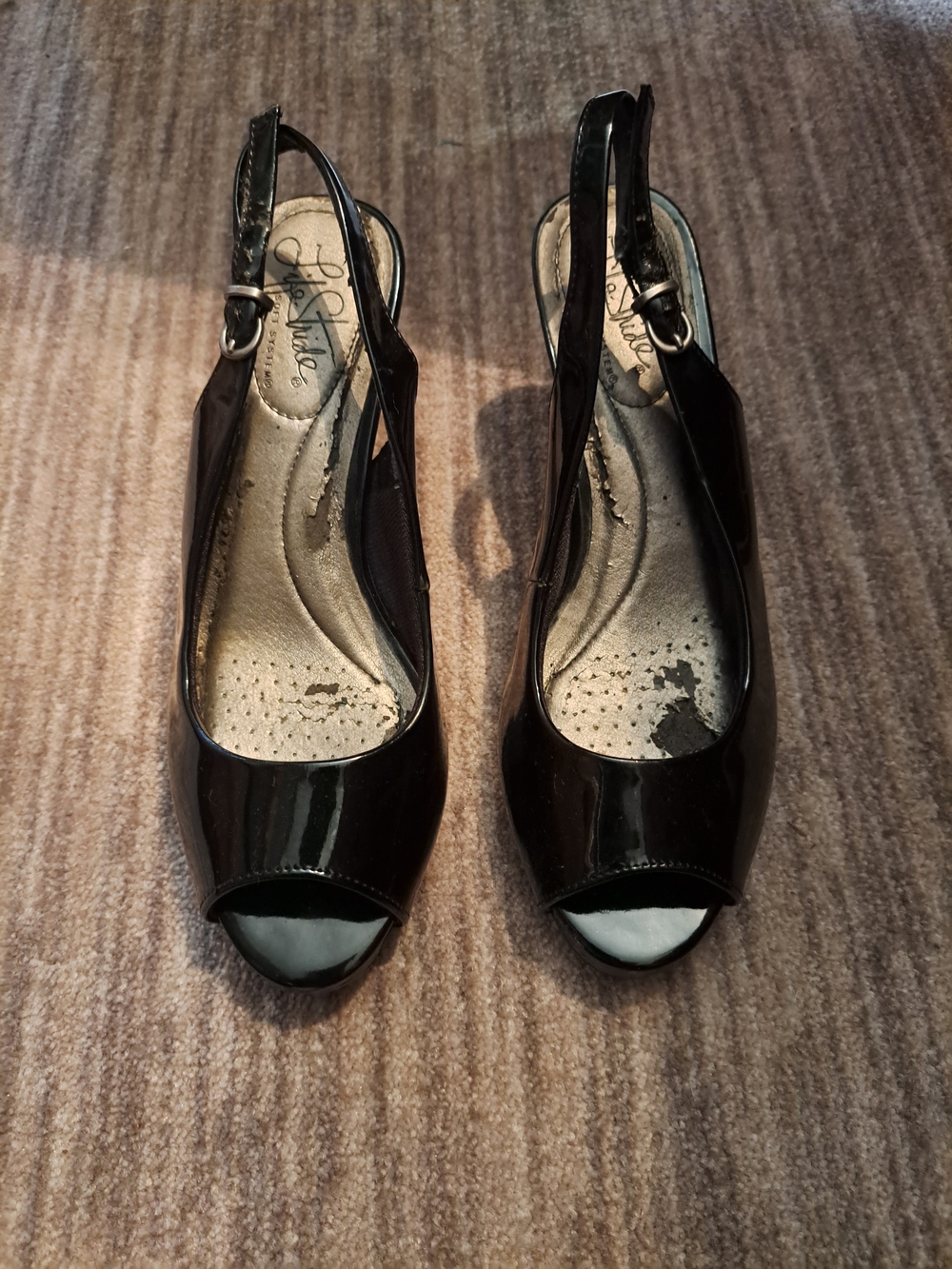 Life Stride Black Patent Peep-Toe Slingback Heels